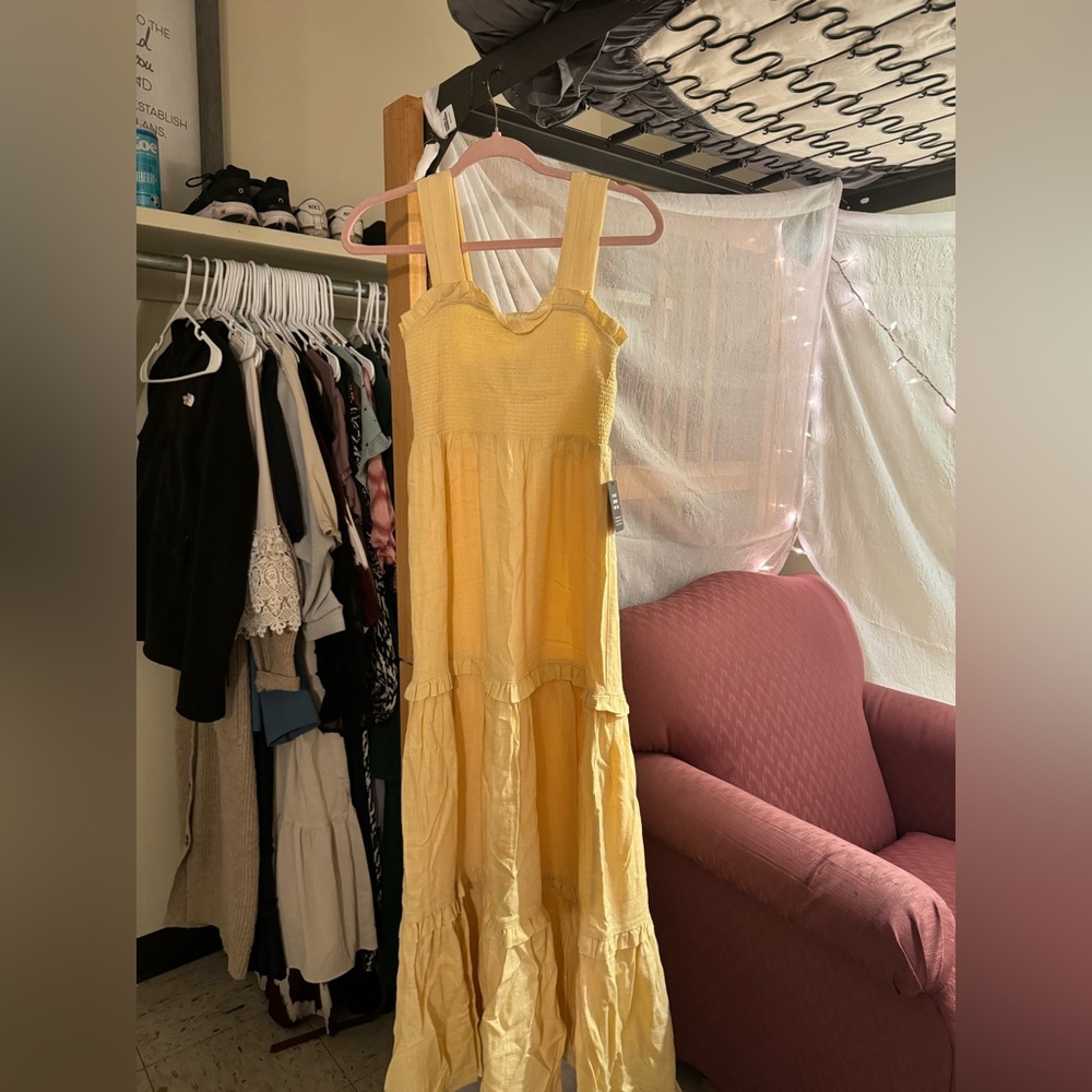 Express Yellow square neck maxi dress flowy smocked top